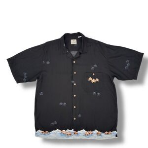 Luau Black Rayon Hawaiian‎ Shirt L Island Hut Border Print Y2K Camp Resort Vacay